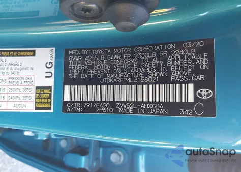 2020 Toyota Prius Prime Xle from USA, damaged, VIN JTDKARFP4L3158021